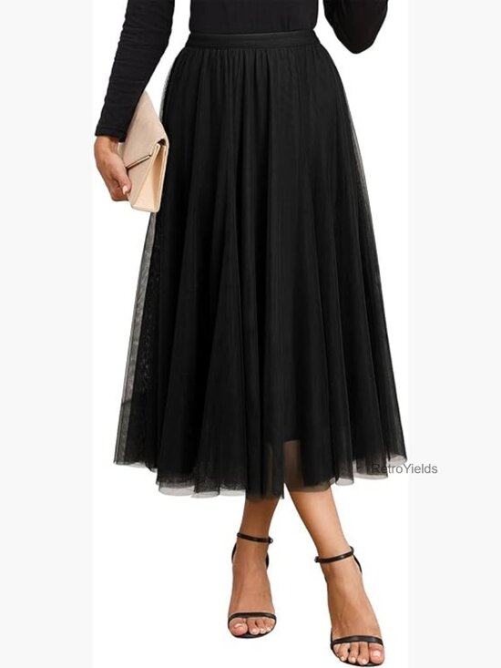 Dresses & Skirts - High Waisted A-Line Tulle Midi Skirt Flowy Layered Long Skirt